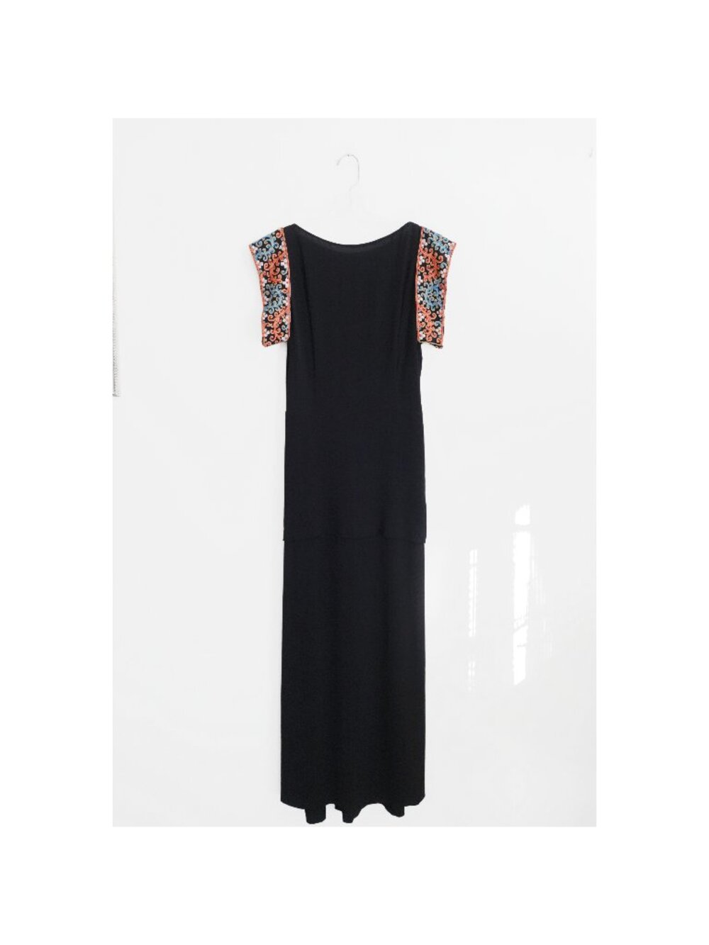 Vintage 60s 70s Black Crepe Beaded Sleeve Long Dress Gown est. Small 4